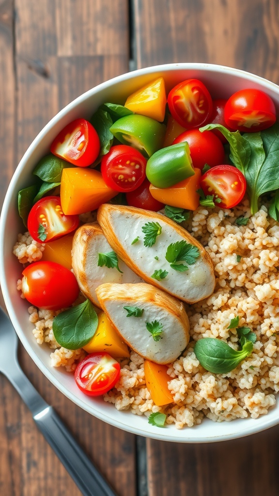 A nutritious quinoa chicken bowl with chicken, quinoa, bell peppers, spinach, and tomatoes, garnished with herbs.